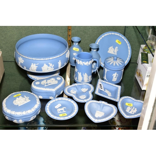 623 - THIRTEEN PIECES OF PALE BLUE WEDGWOOD JASPERWARE, including a pedestal fruit bowl, a pair of vases, ... 