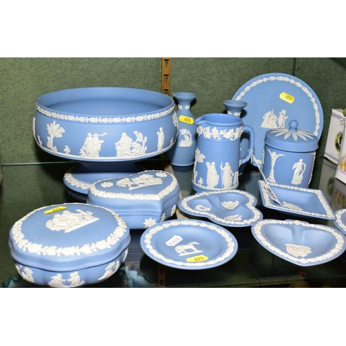 623 - THIRTEEN PIECES OF PALE BLUE WEDGWOOD JASPERWARE, including a pedestal fruit bowl, a pair of vases, ... 