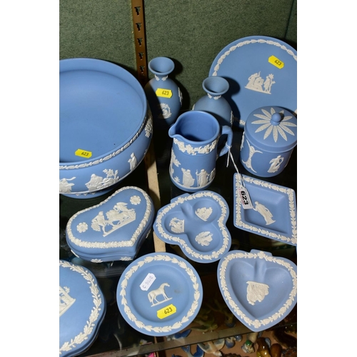 623 - THIRTEEN PIECES OF PALE BLUE WEDGWOOD JASPERWARE, including a pedestal fruit bowl, a pair of vases, ... 