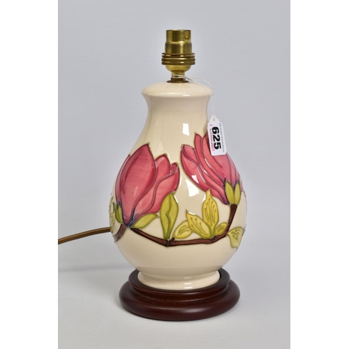 625 - A MOORCROFT POTTERY BALUSTER TABLE LAMP, cream ground with pink magnolia design, mounted on a wooden... 