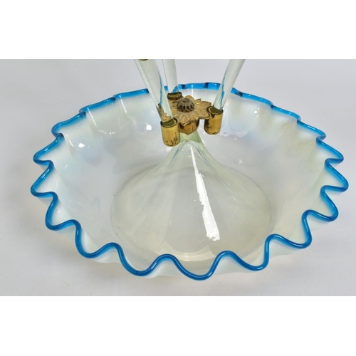 626 - A LATE VICTORIAN BLUE, VASELINE AND CLEAR GLASS EPERGNE, three trumpets, frilled rims and with crimp... 