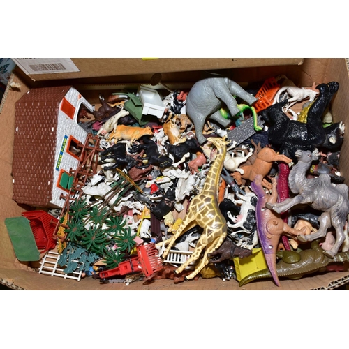 638 - A QUANTITY OF BRITAINS AND OTHER PLASTIC Z00 AND FARM ANIMALS AND ACCESSORIES (two boxes)