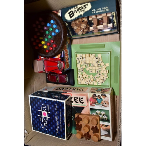 640 - A QUANTITY OF PUZZLES, GAMES AND SOFT TOYS, to include Merit Chemistry Set (not complete but in fair... 