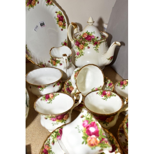 650 - A ROYAL ALBERT OLD COUNTRY ROSES TEASET, six settings, seconds quality bread and butter plate, milk ... 