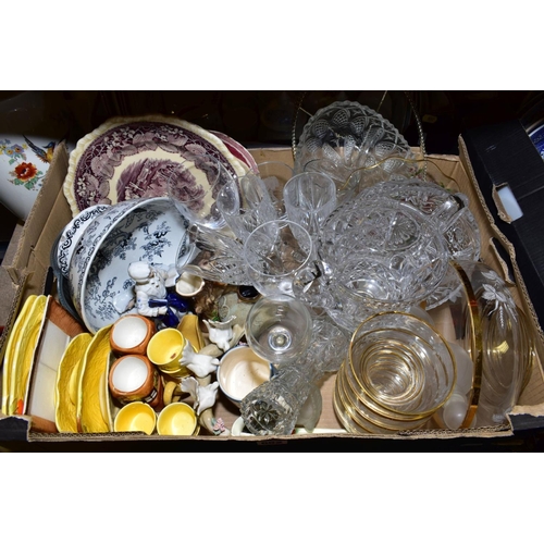 652 - FIVE BOXES OF GLASSWARE AND CERAMICS including a Victorian majolica oval dish, chipped, Royal Grafto... 