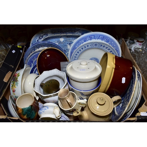 652 - FIVE BOXES OF GLASSWARE AND CERAMICS including a Victorian majolica oval dish, chipped, Royal Grafto... 