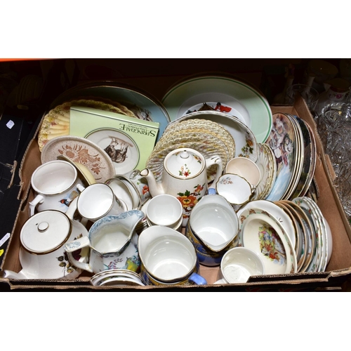 652 - FIVE BOXES OF GLASSWARE AND CERAMICS including a Victorian majolica oval dish, chipped, Royal Grafto... 