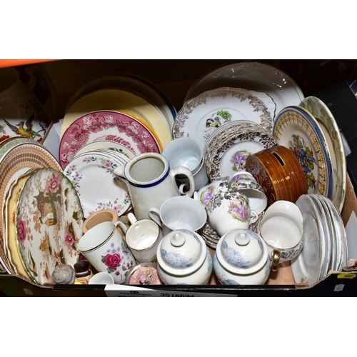 652 - FIVE BOXES OF GLASSWARE AND CERAMICS including a Victorian majolica oval dish, chipped, Royal Grafto... 