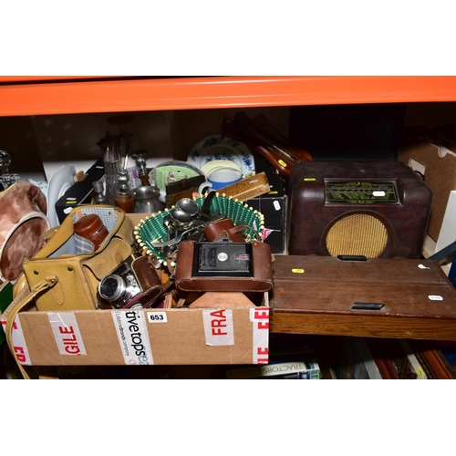 653 - TWO BOXES OF CAMERAS, CUTLERY, TREEN, CERAMICS AND LOOSE, including a 1930's oak cutlery box, a brow... 