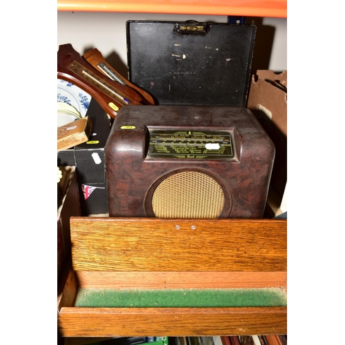 653 - TWO BOXES OF CAMERAS, CUTLERY, TREEN, CERAMICS AND LOOSE, including a 1930's oak cutlery box, a brow... 