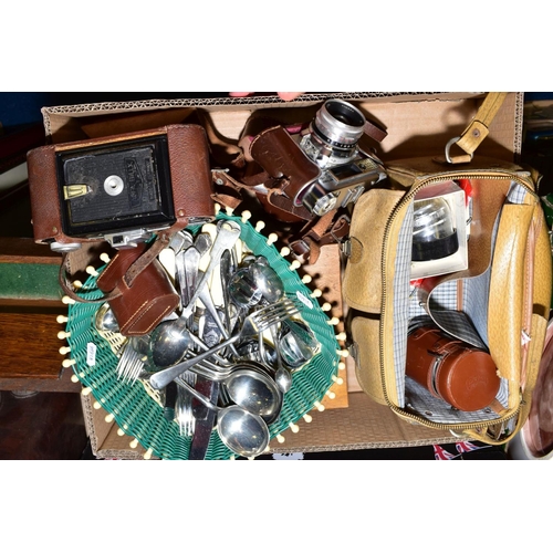 653 - TWO BOXES OF CAMERAS, CUTLERY, TREEN, CERAMICS AND LOOSE, including a 1930's oak cutlery box, a brow... 