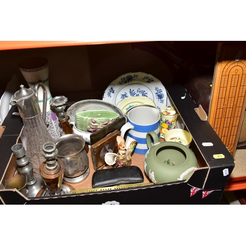 653 - TWO BOXES OF CAMERAS, CUTLERY, TREEN, CERAMICS AND LOOSE, including a 1930's oak cutlery box, a brow... 