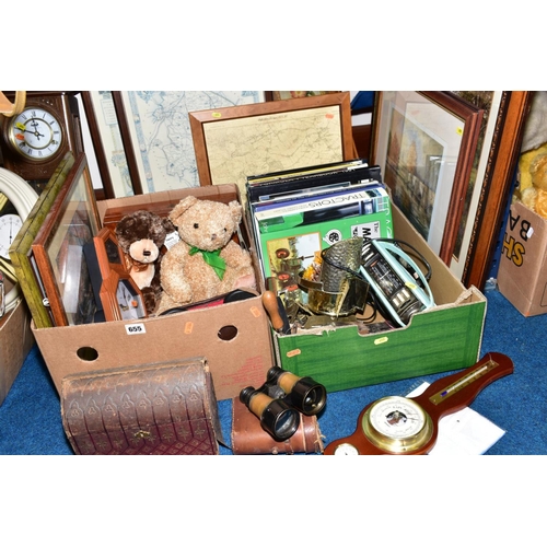 655 - EIGHT FRAMED PRINTS AND TWO BOXES OF BOOKS, BINOCULARS, SOFT TOYS, HORSE BRASSES, etc, including fac... 