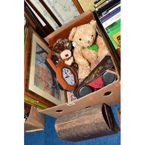 655 - EIGHT FRAMED PRINTS AND TWO BOXES OF BOOKS, BINOCULARS, SOFT TOYS, HORSE BRASSES, etc, including fac... 