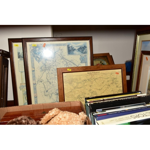 655 - EIGHT FRAMED PRINTS AND TWO BOXES OF BOOKS, BINOCULARS, SOFT TOYS, HORSE BRASSES, etc, including fac... 