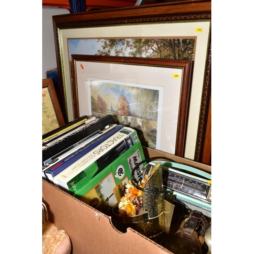 655 - EIGHT FRAMED PRINTS AND TWO BOXES OF BOOKS, BINOCULARS, SOFT TOYS, HORSE BRASSES, etc, including fac... 