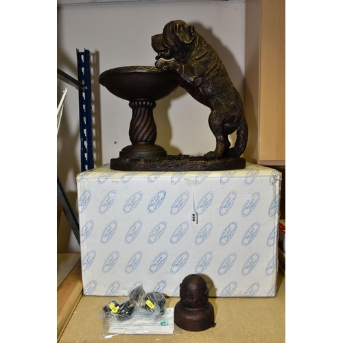 656 - A BOXED JULIANA COLLECTION BRONZED FINISH RESIN FOUNTAIN, in the form of a dog lapping from a bird b... 