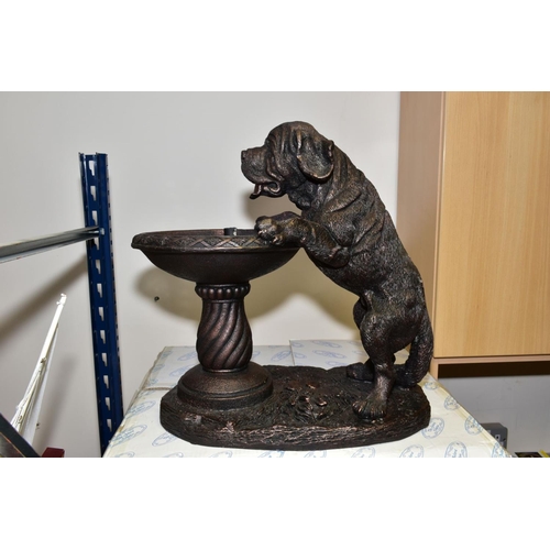 656 - A BOXED JULIANA COLLECTION BRONZED FINISH RESIN FOUNTAIN, in the form of a dog lapping from a bird b... 