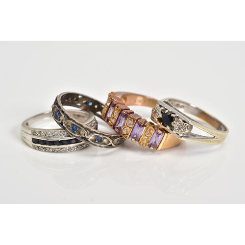 66 - A SELECTION OF FOUR RINGS, to include a 9ct white gold sapphire and diamond three stone ring, with a... 