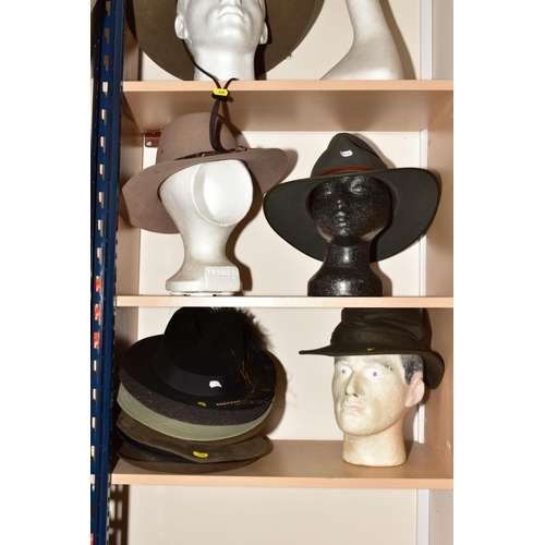 660 - A QUANTITY OF GENTLEMAN'S HATS, including Australian leather, felt hats, Panama, a black wool top ha... 