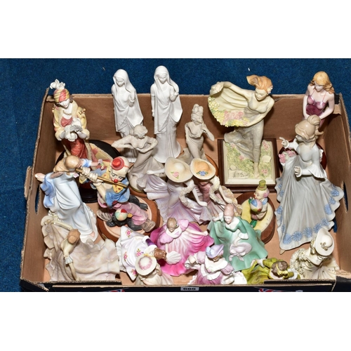 665 - FOUR BOXES OF CERAMICS AND METALWARES, including china and resin lady figurines, USSR bear figures, ... 