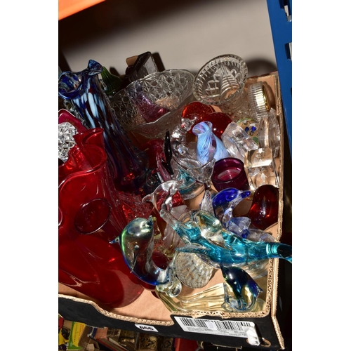 666 - A BOX OF ASSORTED GLASSWARE, including dolphin, bird and animal figures, Murano type vase, a frilled... 