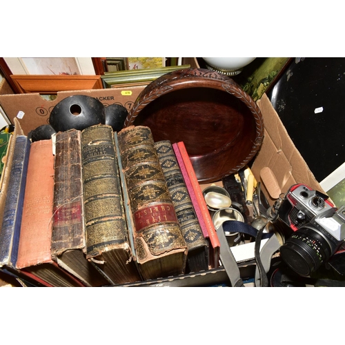 670 - TWO BOXES OF BOOKS, PICTURES AND LOOSE ITEMS, including two Victorian papier mache oval trays, distr... 