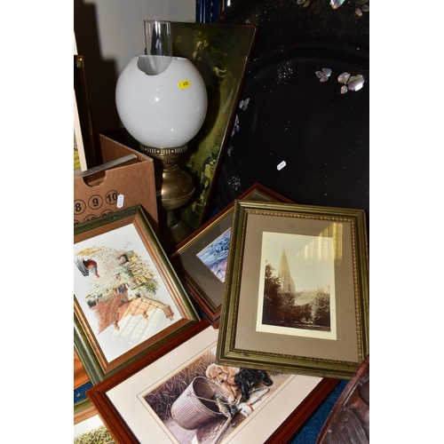 670 - TWO BOXES OF BOOKS, PICTURES AND LOOSE ITEMS, including two Victorian papier mache oval trays, distr... 