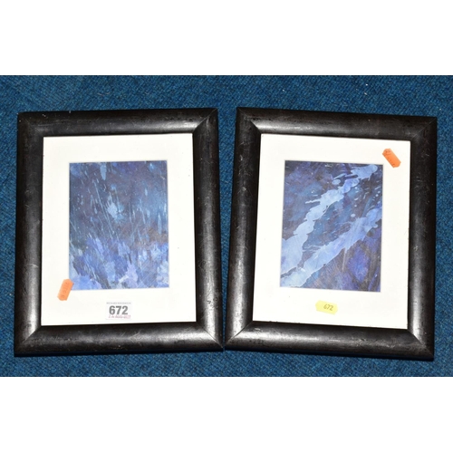 672 - A PAIR OF ABSTRACT WATERCOLOURS ON PAPER, initialled M.D.L titled purple splash verso, mounted, fram... 