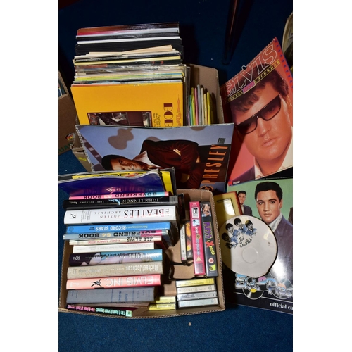 676 - BEATLES AND ELVIS PRESLEY AND POPULAR MUSIC INTEREST, two boxes of books, calendars, videos, L.P's, ... 