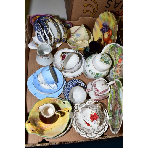 677 - A BOX OF ASSORTED CERAMICS, including trios, Crown Staffordshire ginger jar and cover, Carltonware R... 