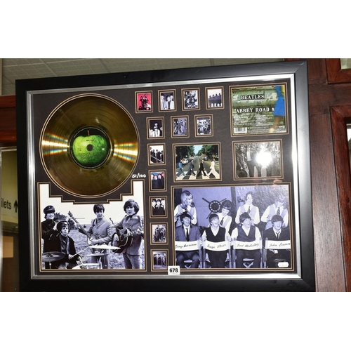 678 - BEATLES INTEREST: a framed and glazed montage of facsimile photographs, a gold disc with CD of Abbey... 