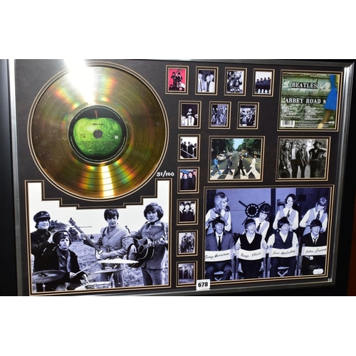 678 - BEATLES INTEREST: a framed and glazed montage of facsimile photographs, a gold disc with CD of Abbey... 