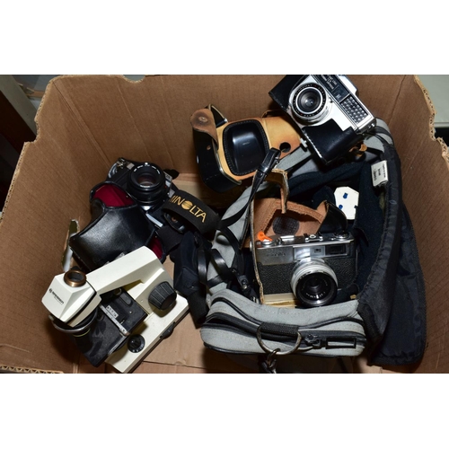 679 - A TRAY OF CAMERAS AND OPTICAL ITEMS, including a Bresser microscope, a Minolta AL-F fitted with a Ro... 