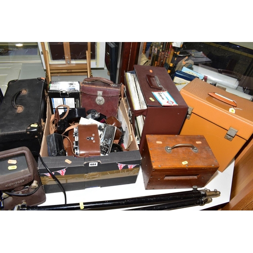 684 - A TRAY CONTAINING VINTAGE CAMERAS AND CINE EQUIPMENT, including two Zeiss Ikon Contaflex Super Camer... 