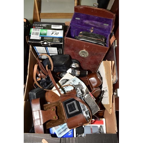 684 - A TRAY CONTAINING VINTAGE CAMERAS AND CINE EQUIPMENT, including two Zeiss Ikon Contaflex Super Camer... 