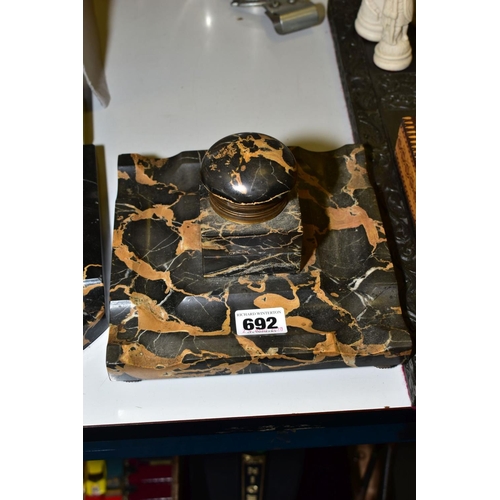 692 - A LATE 19TH/EARLY 20TH CENTURY FRENCH PORTOR MARBLE INKSTAND, domed hinged lid with brass mounts, gl... 