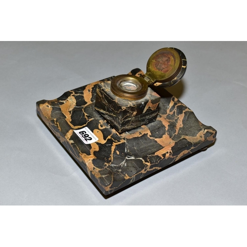 692 - A LATE 19TH/EARLY 20TH CENTURY FRENCH PORTOR MARBLE INKSTAND, domed hinged lid with brass mounts, gl... 