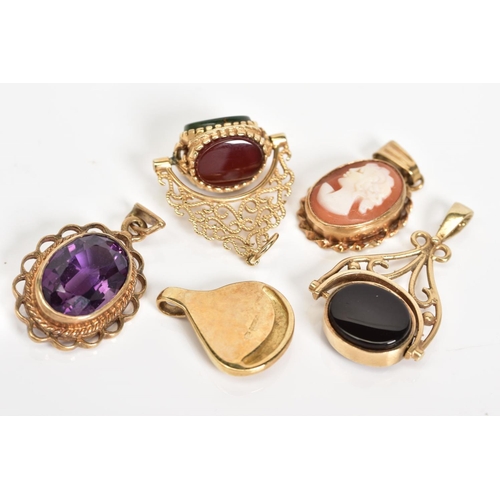 7 - A SELECTION OF FIVE 9CT GOLD PENDANTS, to include two scroll detailed swivel fobs set with semi prec... 