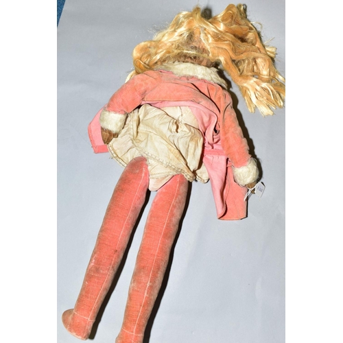 718 - A CHAD VALLEY CLOTH DOLL c.1930 pressed felt head, glass eyes, blonde wig moulded features, jointed ... 