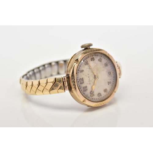 72 - A LATE 1920'S 9CT GOLD ROLEX WRISTWATCH, the deteriorated cream dial with Arabic numerals and beadin... 