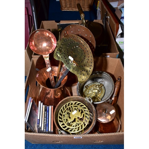 729 - TWO BOXES OF COPPER, BRASS, C.D'S, DRESSING TABLE TRAYS, etc, including modern photograph frames, gl... 