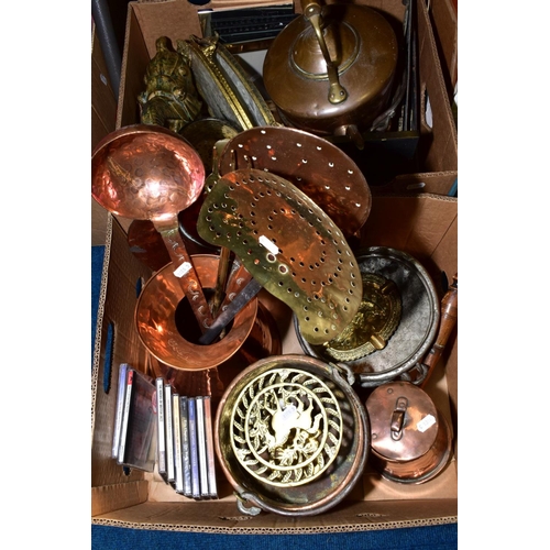 729 - TWO BOXES OF COPPER, BRASS, C.D'S, DRESSING TABLE TRAYS, etc, including modern photograph frames, gl... 