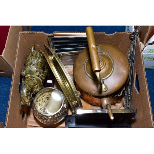 729 - TWO BOXES OF COPPER, BRASS, C.D'S, DRESSING TABLE TRAYS, etc, including modern photograph frames, gl... 