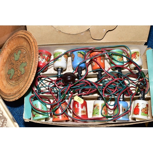 731 - BOXED OSRAM PARTY LIGHTS, MID 20TH CENTURY CREAM PLASTIC JEWELLERY AND TWO BOXES OF METALWARES, SUND... 