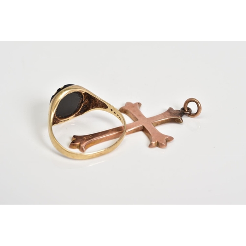 74 - A 9CT GOLD RING AND PENDANT, the gentleman's signet ring designed with an oval onyx panel with two d... 