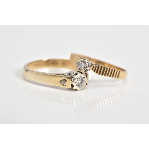 80 - TWO 9CT GOLD SINGLE STONE DIAMOND RINGS, the first designed with a central brilliant cut diamond wit... 