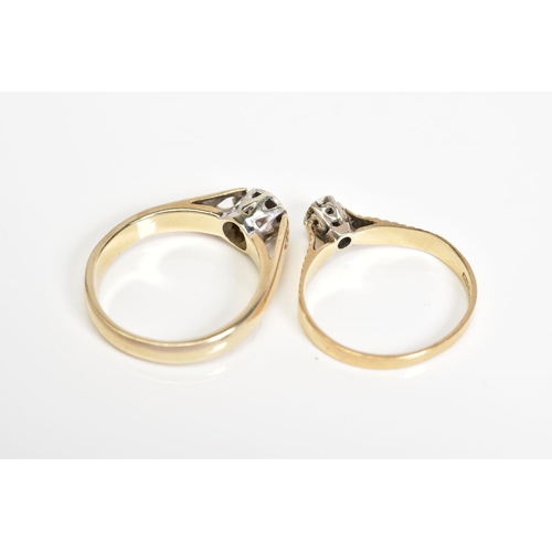 80 - TWO 9CT GOLD SINGLE STONE DIAMOND RINGS, the first designed with a central brilliant cut diamond wit... 