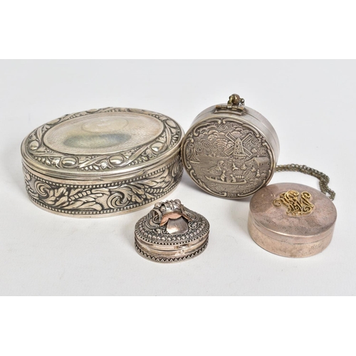 88 - FOUR VARIOUS WHITE METAL/SILVER BOXES, comprising an oval box with hinged lid, stamped 800 to the ba... 