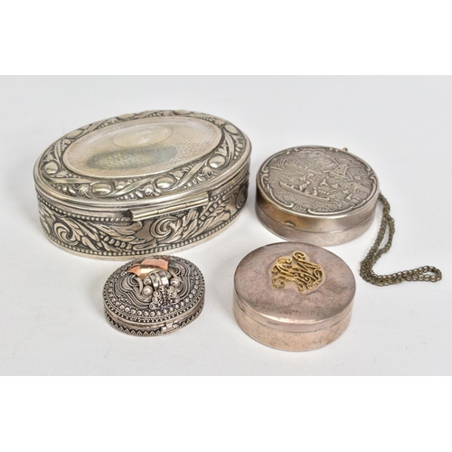 88 - FOUR VARIOUS WHITE METAL/SILVER BOXES, comprising an oval box with hinged lid, stamped 800 to the ba... 